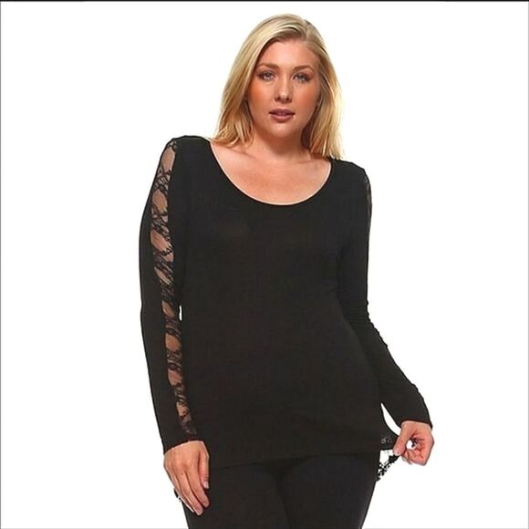 SALE Black Lace Sleeves and Lace Back Top Large XLarge 1X Plus - Picture 4 of 10